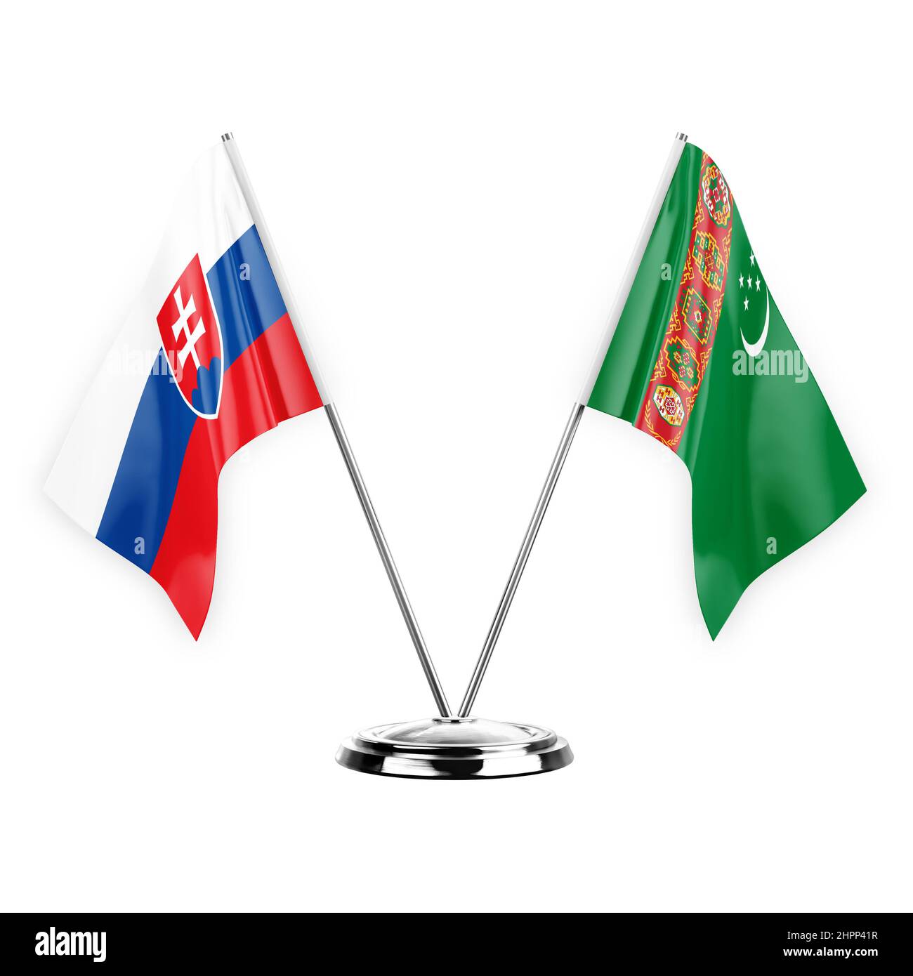 Two table flags isolated on white background 3d illustration, slovakia and turkmenistan Stock Photo