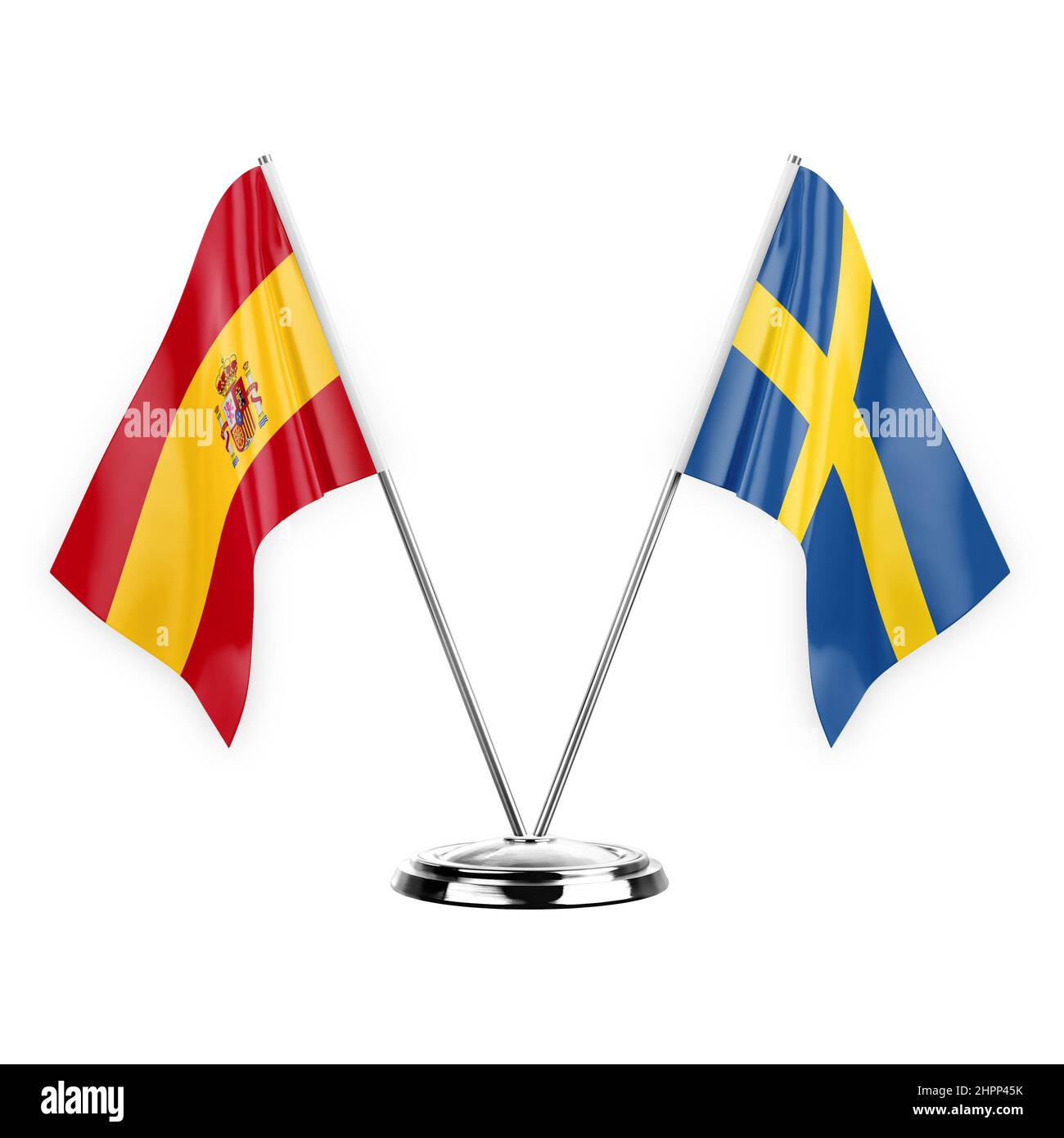 Two table flags isolated on white background 3d illustration, spain and sweden Stock Photo