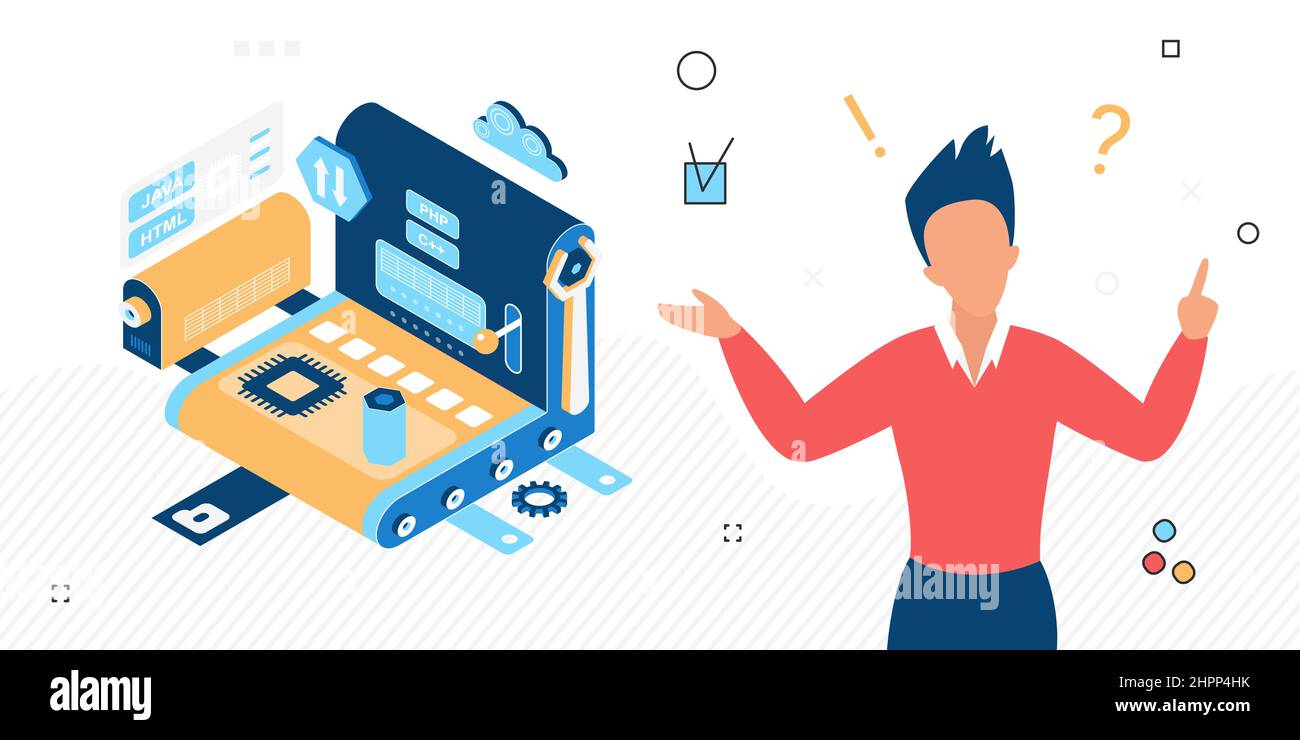 Website improvements project development process. Building and maintenance webpages software engineer Stock Vector