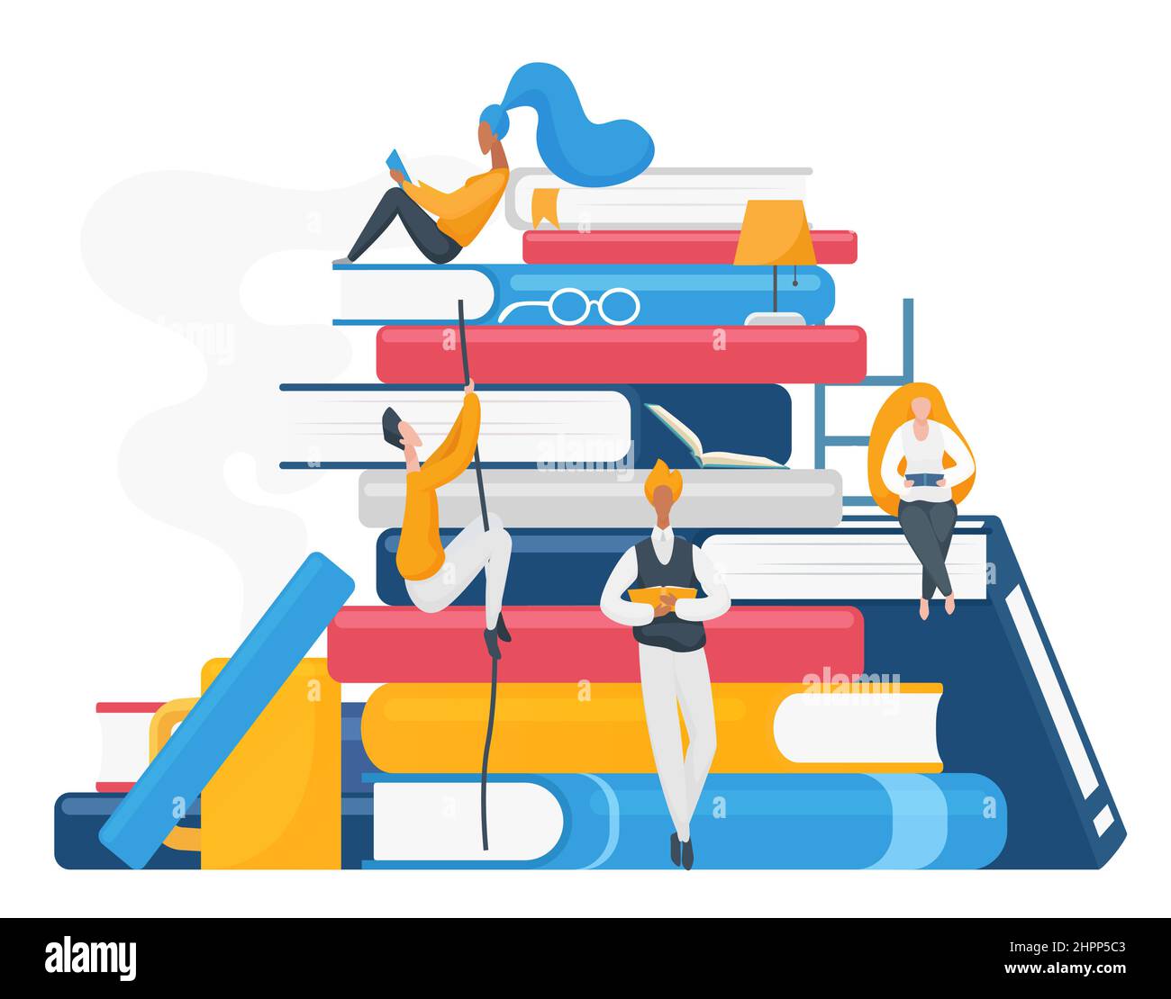 Huge pile of books and students exploring literacy. Learning and