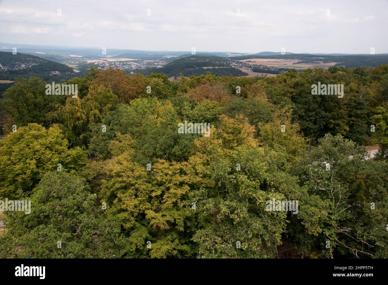 out-look from Wittelsbacher Tower over the Franconian Saale valley in Bad Kissingen in Germany. Stock Photo
