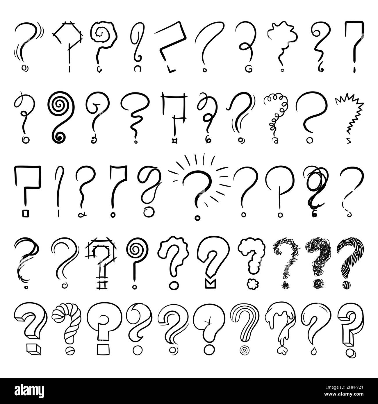 Set of Hand drawn vector doodle questions marks in various shapes and forms. Stock Vector