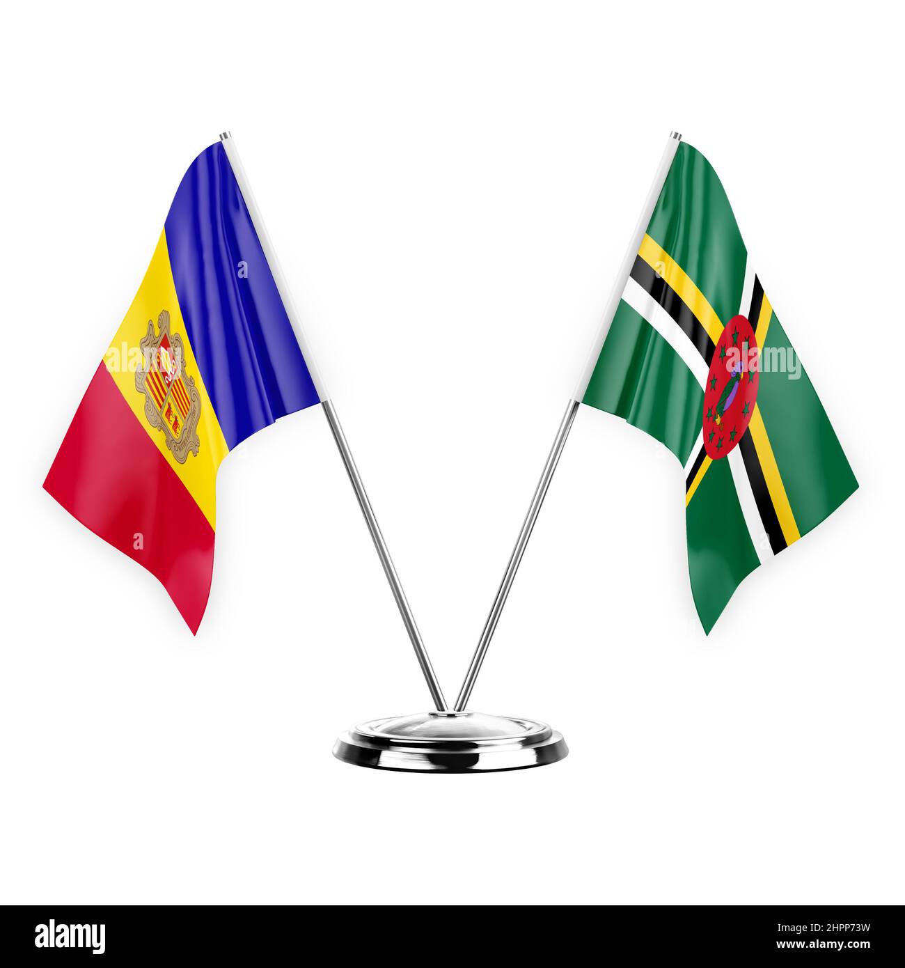 Two table flags isolated on white background 3d illustration, andorra ...