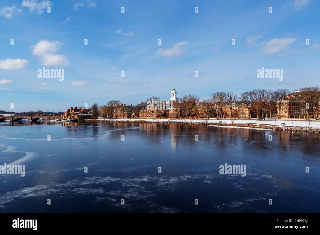 View of the north bank of the Charles River in Cambridge Massachusetts on a cold winter day. Stock Photo