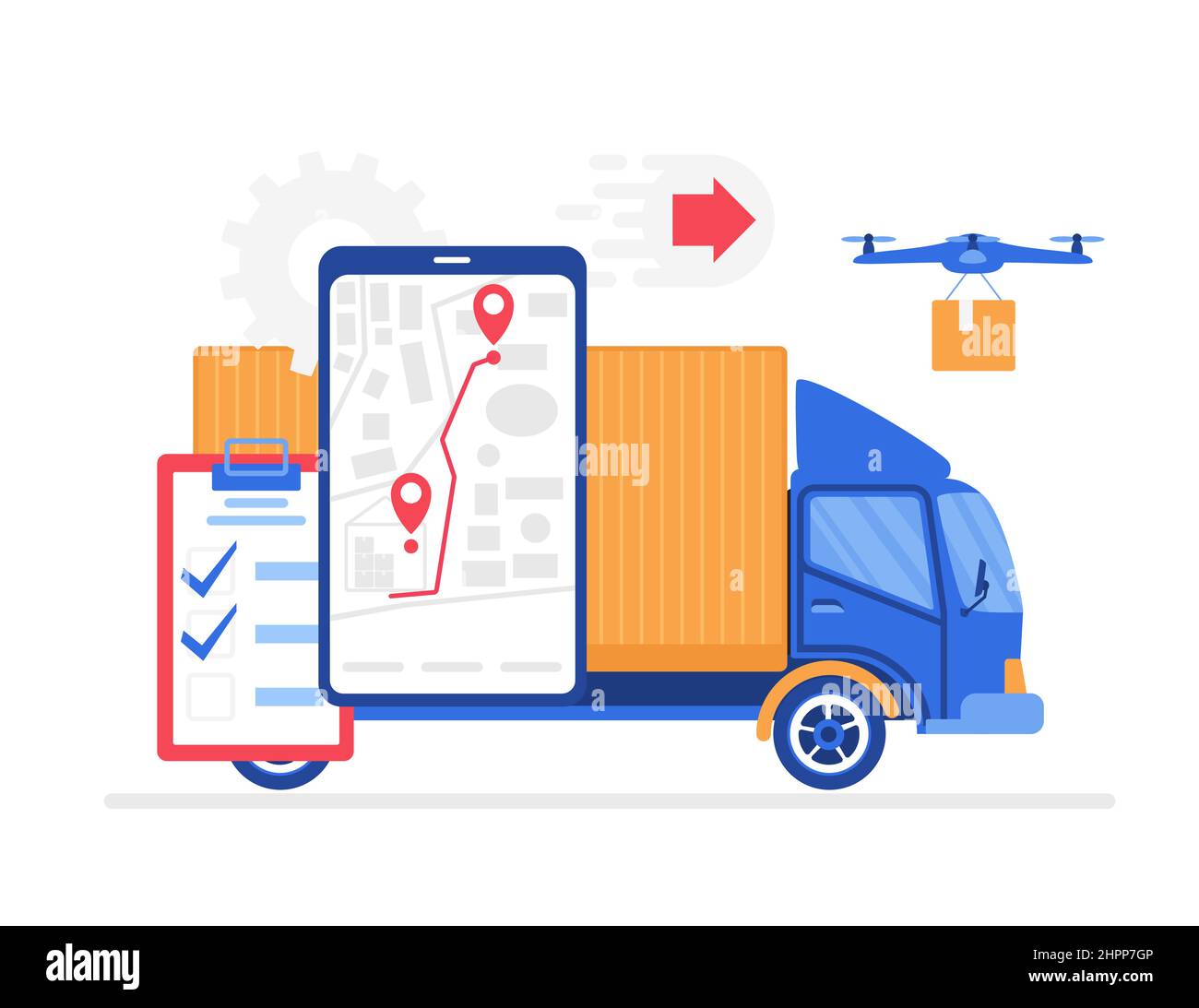 Customer fast delivery goods and service tracking app. Retail truck