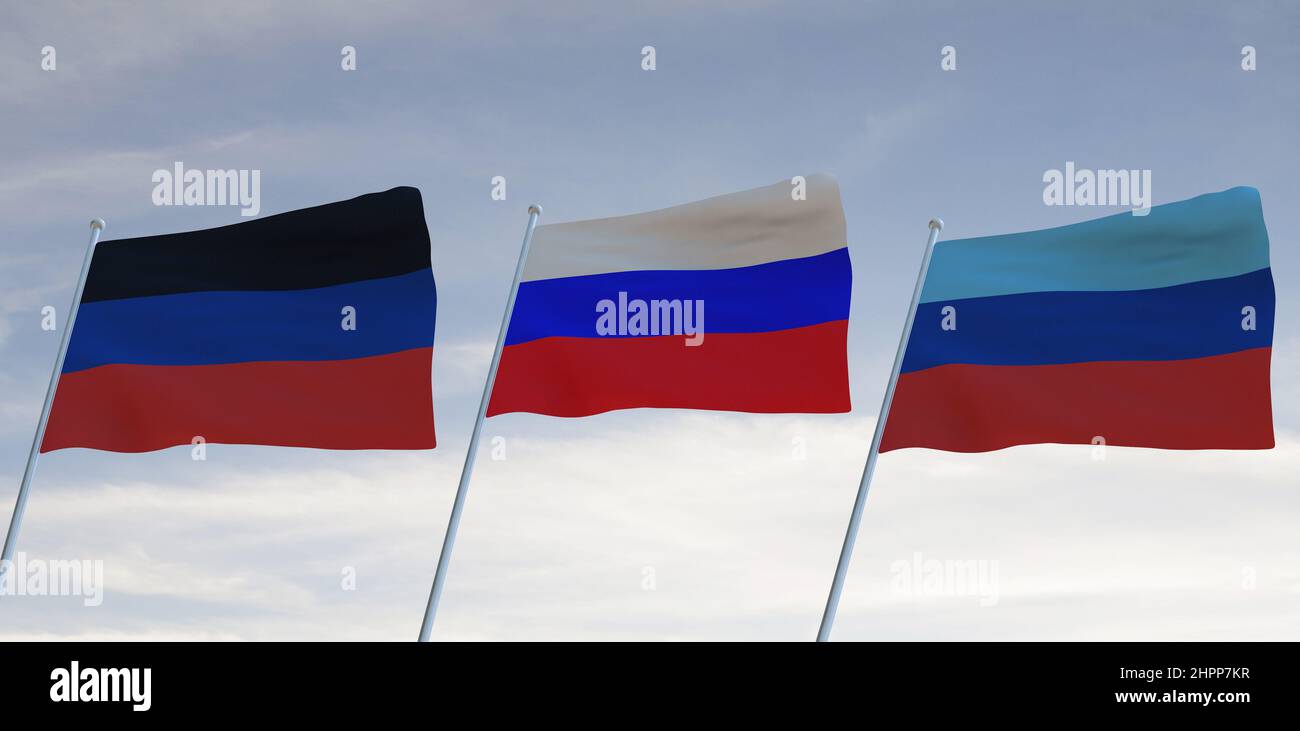 Flags of Lugansk Donetsk AND RUSSIA waving with cloudy blue sky background,3D rendering war Stock Photo