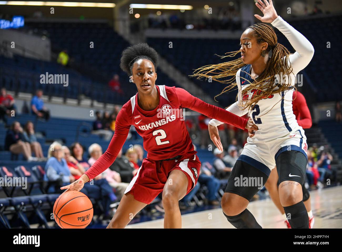Oxford, MS, USA. 22nd Feb, 2022. Arkansas guard Samara Spencer (2) drives against Ole' Miss guard Mimi Reid (2) during the college basketball game between the Arkansas Razorbacks and the Ole' Miss Rebels on February 22, 2022 at the SJB Pavilion in Oxford, MS. (Photo by: Kevin Langley/CSM). Credit: csm/Alamy Live News Stock Photo