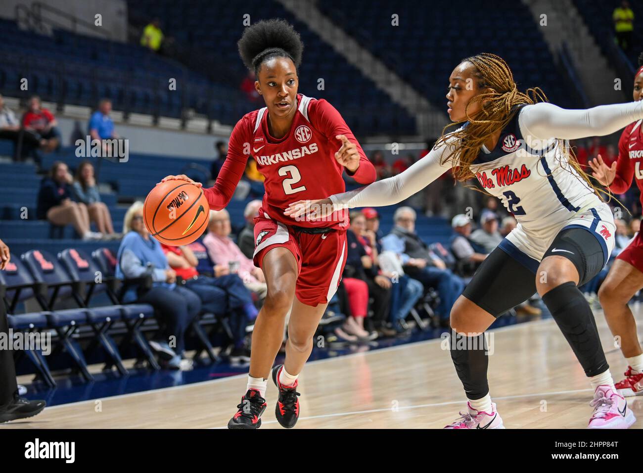 Oxford, MS, USA. 22nd Feb, 2022. Arkansas guard Samara Spencer (2) drives against Ole' Miss guard Mimi Reid (2) during the college basketball game between the Arkansas Razorbacks and the Ole' Miss Rebels on February 22, 2022 at the SJB Pavilion in Oxford, MS. (Photo by: Kevin Langley/CSM). Credit: csm/Alamy Live News Stock Photo