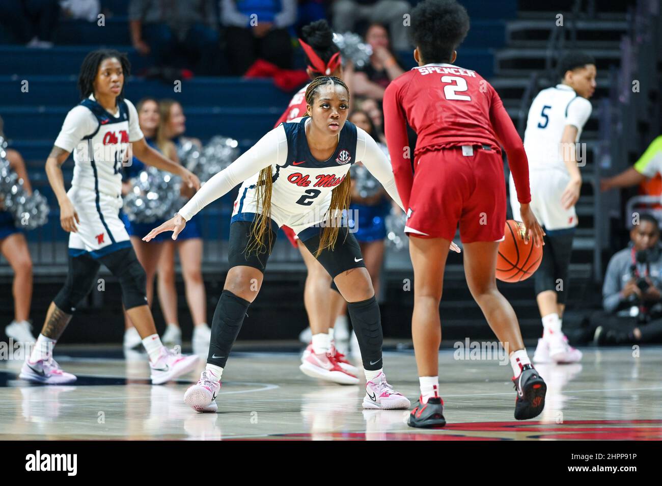 Oxford, MS, USA. 22nd Feb, 2022. Ole' Miss guard Mimi Reid (2) on the defensive against Arkansas guard Samara Spencer (2) during the college basketball game between the Arkansas Razorbacks and the Ole' Miss Rebels on February 22, 2022 at the SJB Pavilion in Oxford, MS. (Photo by: Kevin Langley/CSM). Credit: csm/Alamy Live News Stock Photo