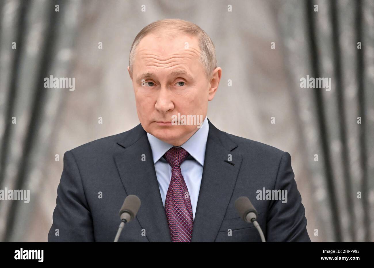 Russian President Vladimir Putin speaks on signing  documents recognizing Donetsk and Lugansk People’s Republics as independent states.. Donetsk and Lugansk are breakaway regions of Ukraine. Stock Photo