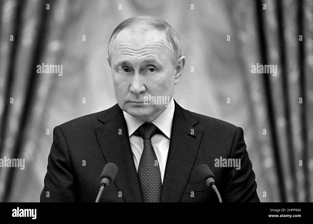 Russian President Vladimir Putin speaks on signing  documents recognizing Donetsk and Lugansk People’s Republics as independent states.. Donetsk and Lugansk are breakaway regions of Ukraine. Stock Photo