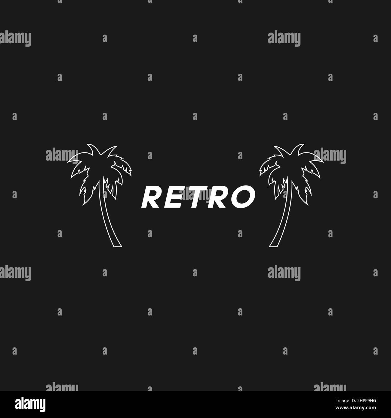 Retrowave linear palm tree 1980s style with RETRO title. Synthwave black and white composition of palm tree silhouettes and text RETRO. Design element Stock Vector