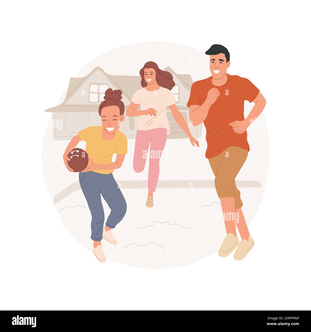 American football abstract concept vector illustration. Diverse group of people plays american football game, hold oval ball, community field, suburban houses on background abstract metaphor. Stock Vector