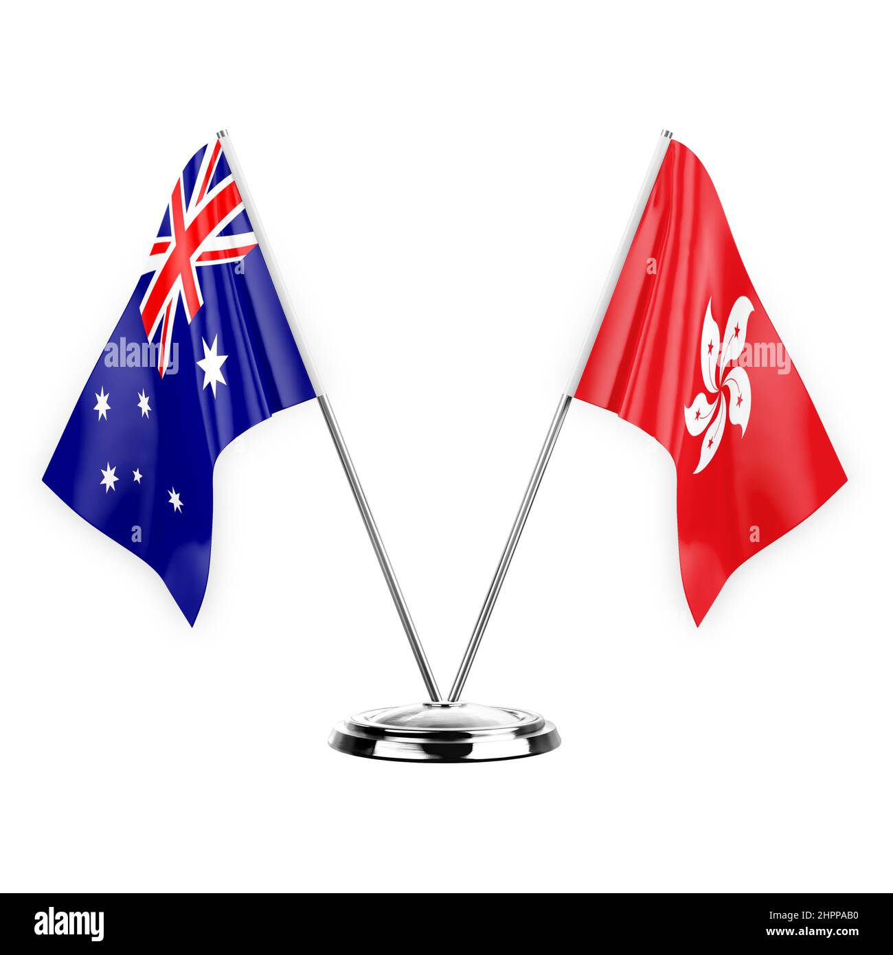 Two table flags isolated on white background 3d illustration, australia and hong kong Stock Photo