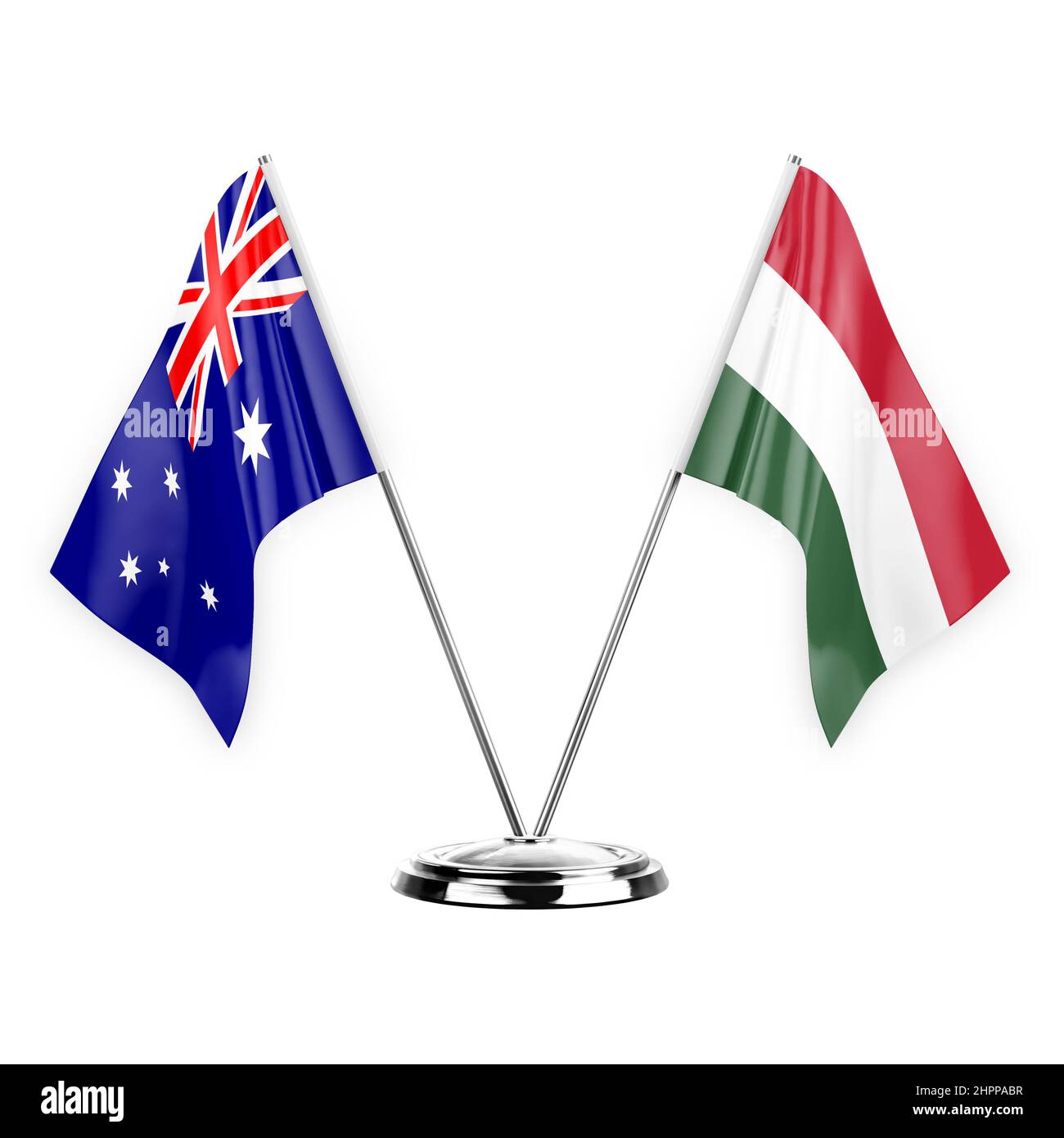 Two table flags isolated on white background 3d illustration, australia and hungary Stock Photo