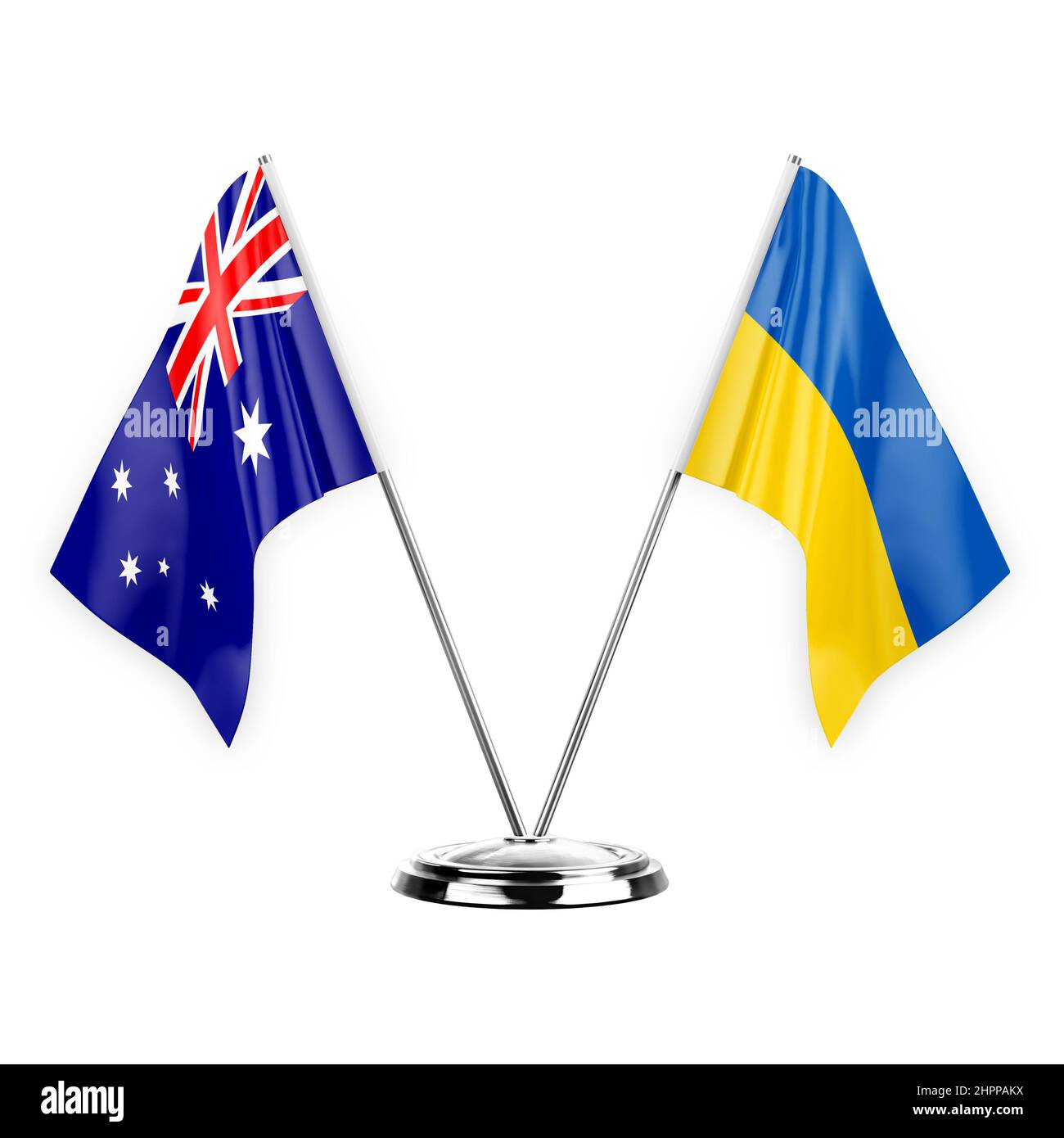 Two table flags isolated on white background 3d illustration, australia and ukraine Stock Photo