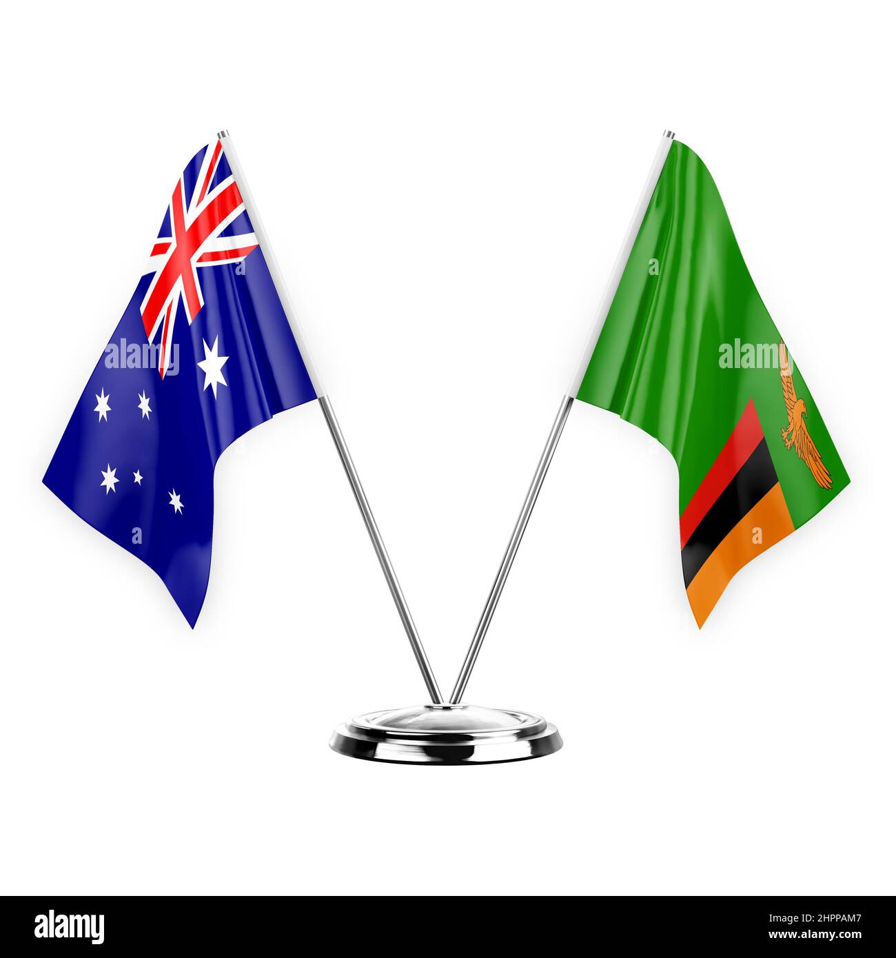 Two table flags isolated on white background 3d illustration, australia and zambia Stock Photo