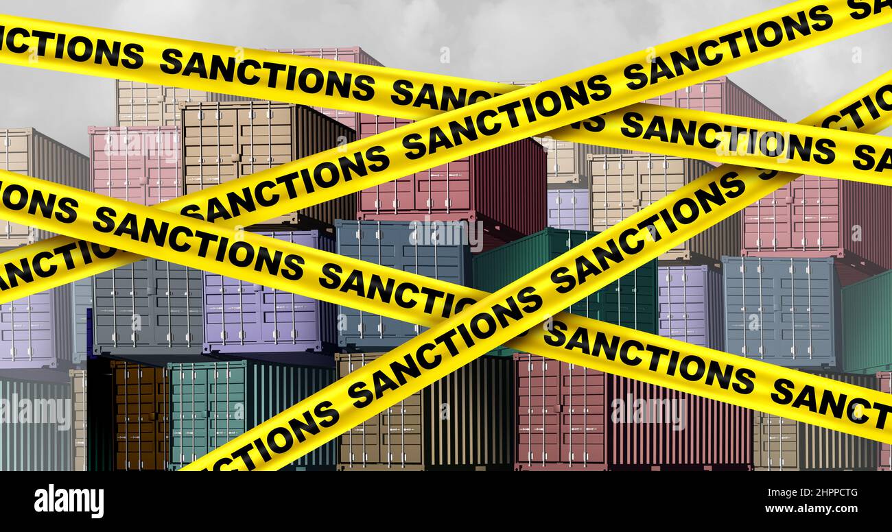 Economic sanctions and government restrictions or punitive tariffs as a financial penalty or commercial sanction and trade barrier from countries. Stock Photo