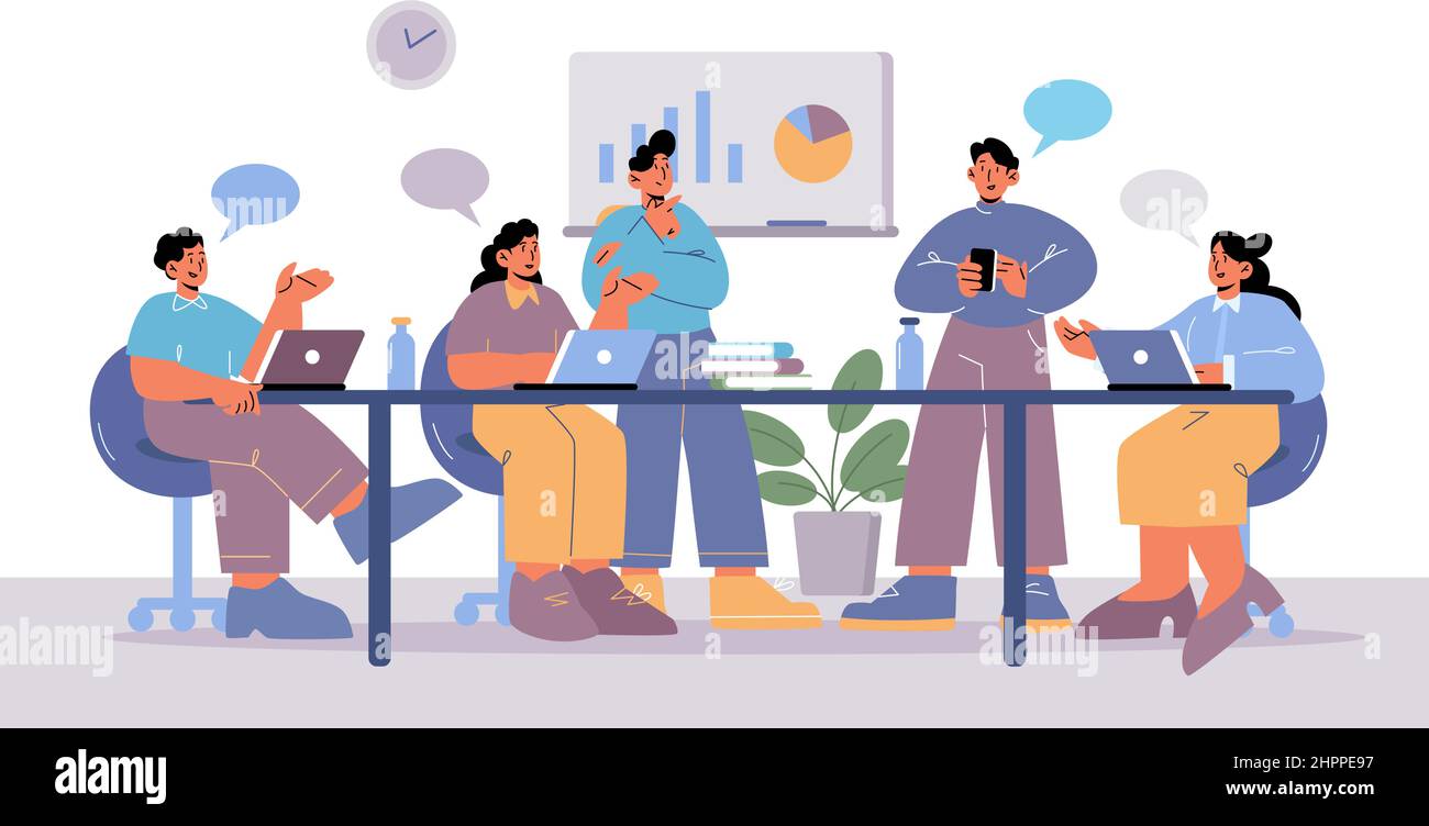 People on business meeting in office conference room. Concept of teamwork, communication in company, brainstorming and discussion in team. Vector flat illustration of people with speech bubbles Stock Vector