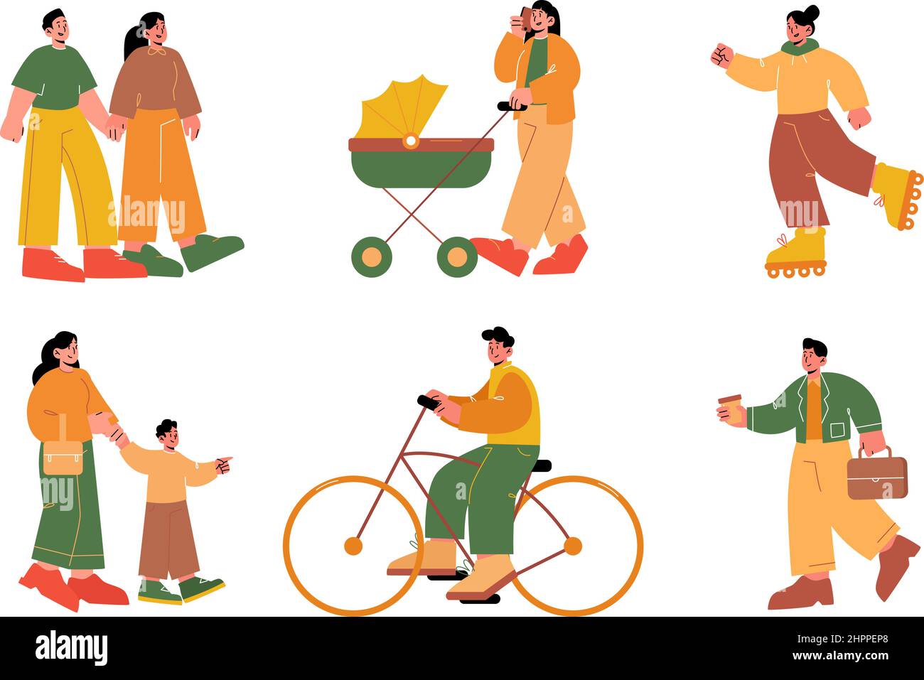 Set of people walk, outdoor summer activities. Isolated characters