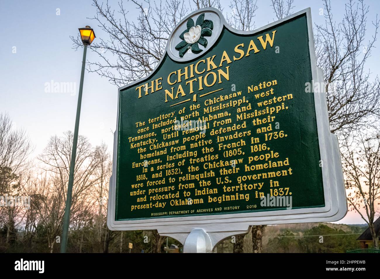 Chickasaw Nation historical marker sign at the Mississippi Welcome Center along I-22 near the Alabama/Mississippi border. (USA) Stock Photo
