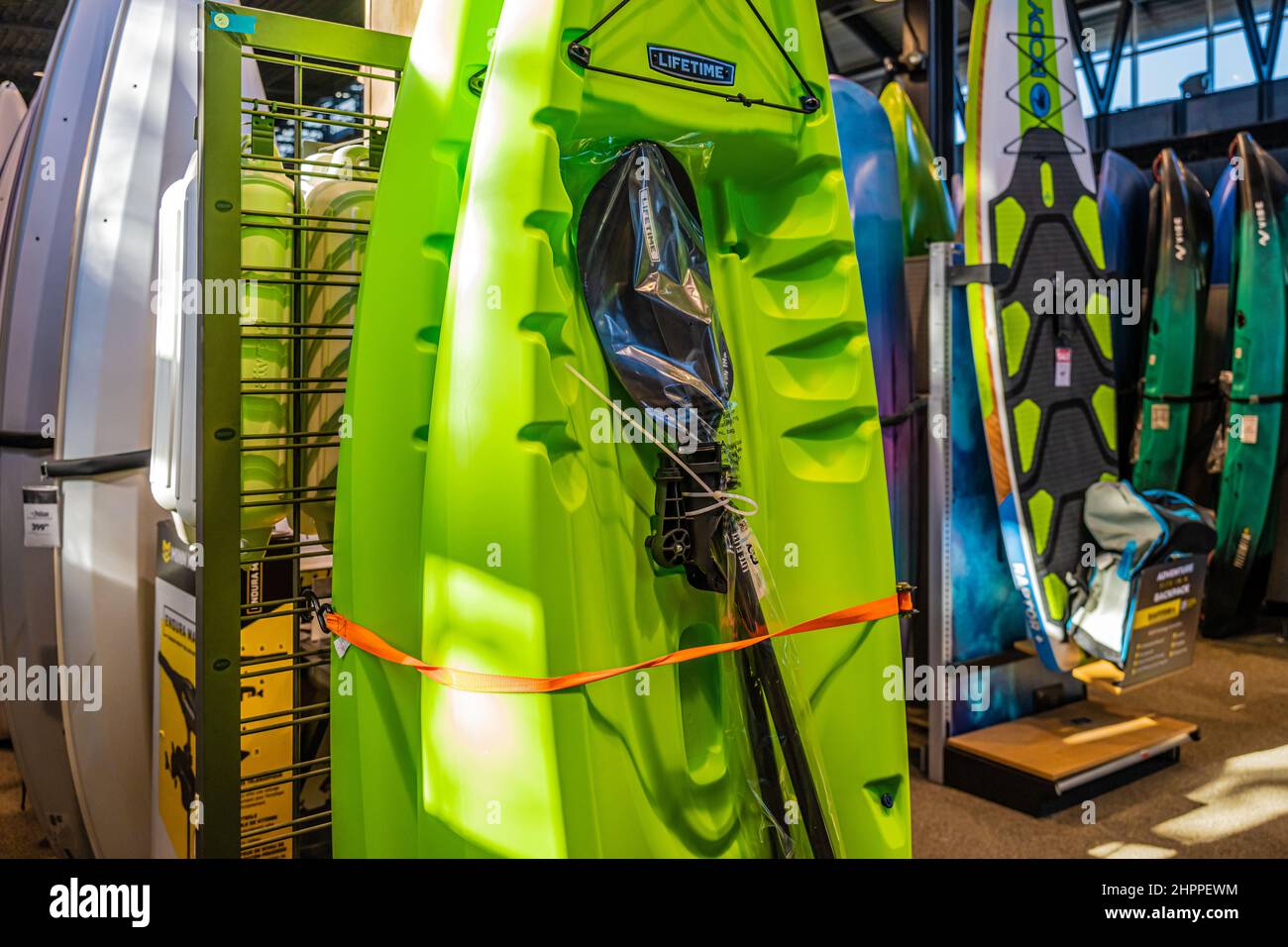 Kayak display at Dick's Sporting Goods, America's largest sporting goods retailer, in Buford, Georgia, at the Mall of Georgia. (USA) Stock Photo