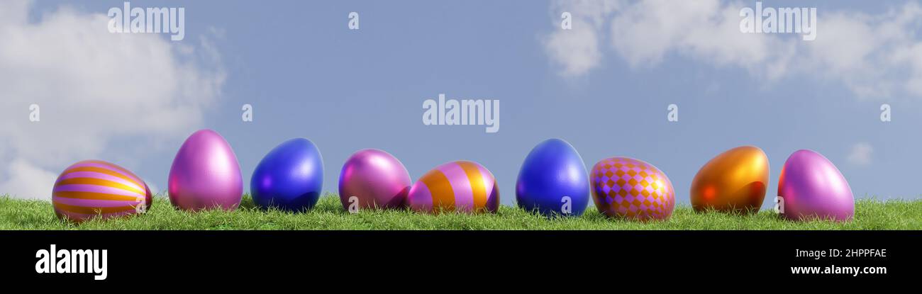 Many colorful Easter eggs in a row on a grass background using as header, Easter concept, 3d rendering Stock Photo