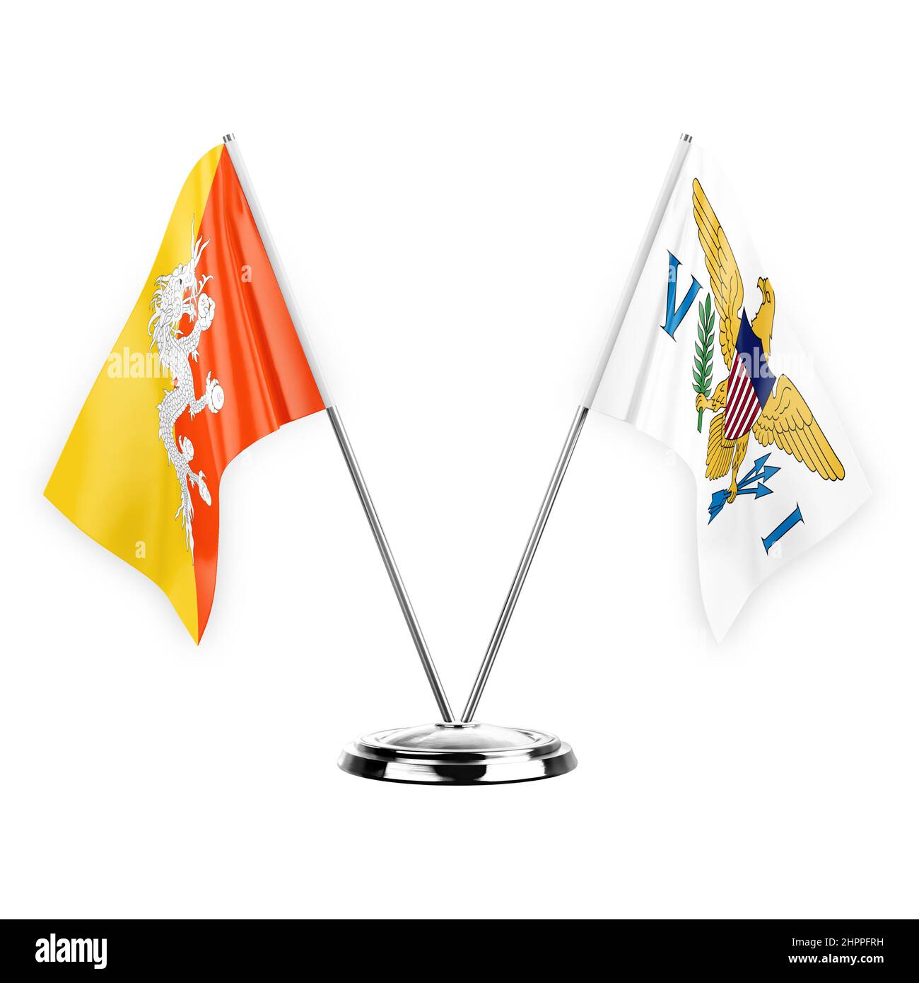 Two table flags isolated on white background 3d illustration, bhutan ...