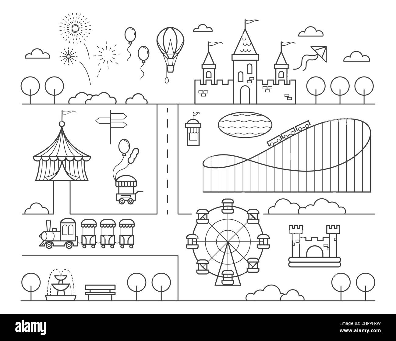 Amusement park map. Circus, ferris wheel rollercoaster and attractions for kids. Children playground. Outline vector illustration. Stock Vector