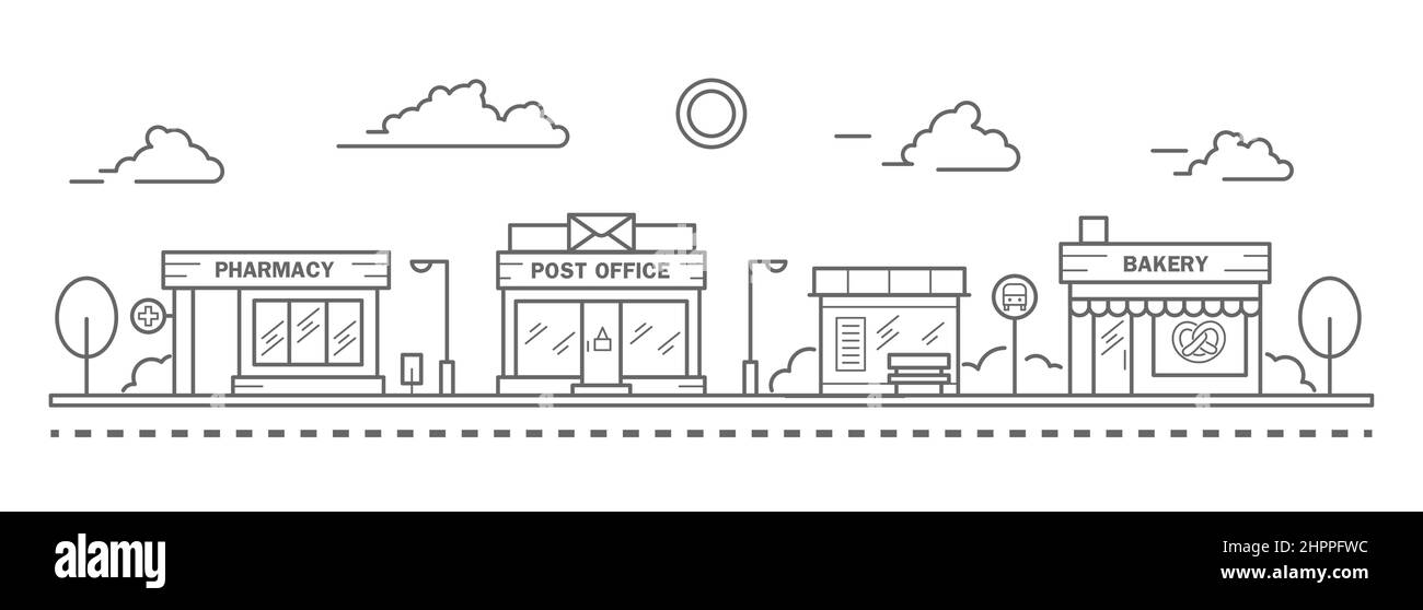 City skyline in line art style. Landscape with row houses of bakery, pharmacy, bus stop and post office. Street horizontal panorama. Vector Stock Vector