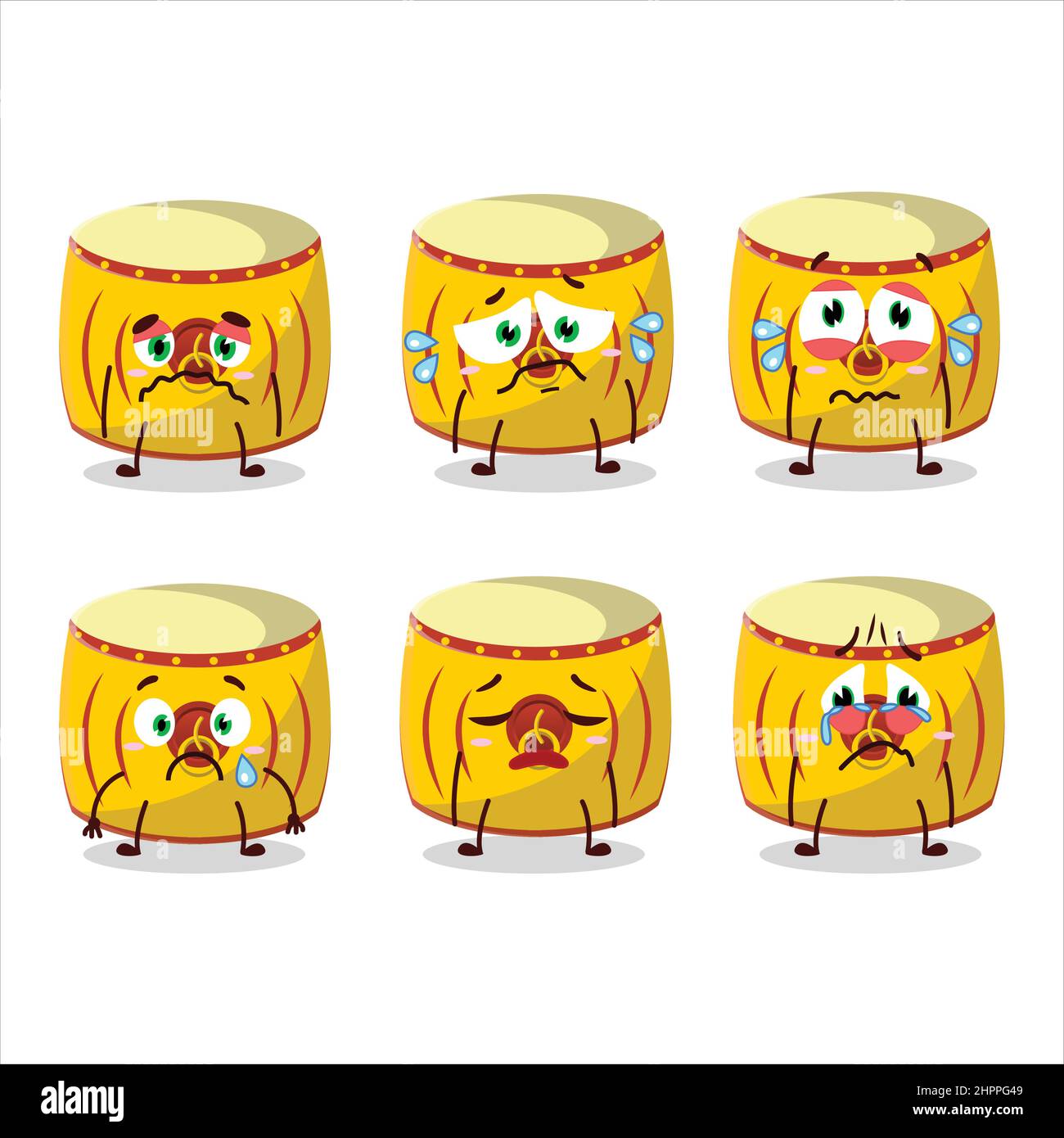 Yellow chinese drum cartoon character with sad expression. Vector
