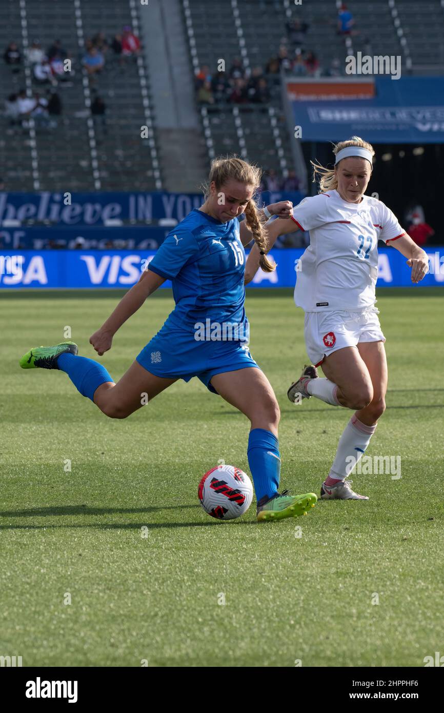 Carson, California, USA. 20th Feb, 2022. Iceland midfielder Alexandra JÃ³hannsdÃ³ttir (15) during an international soccer match between the Czech Republic and Iceland, in the SheBelieves Cup, at Dignity Health Sports Park in Carson, California. Justin Fine/CSM/Alamy Live News Stock Photo