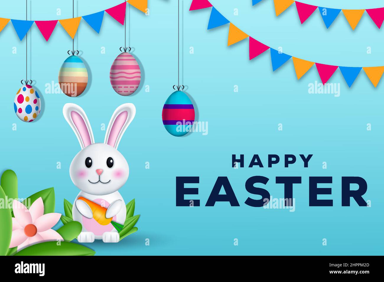 happy easter illustration with hanging eggs, rabbit, and leaves Stock Vector