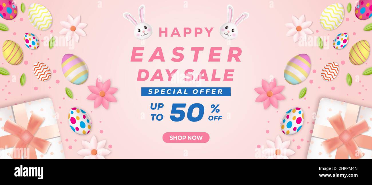 easter day sale 3d illustration banner horizontal with ornaments eggs, gift boxes, and rabbit Stock Vector