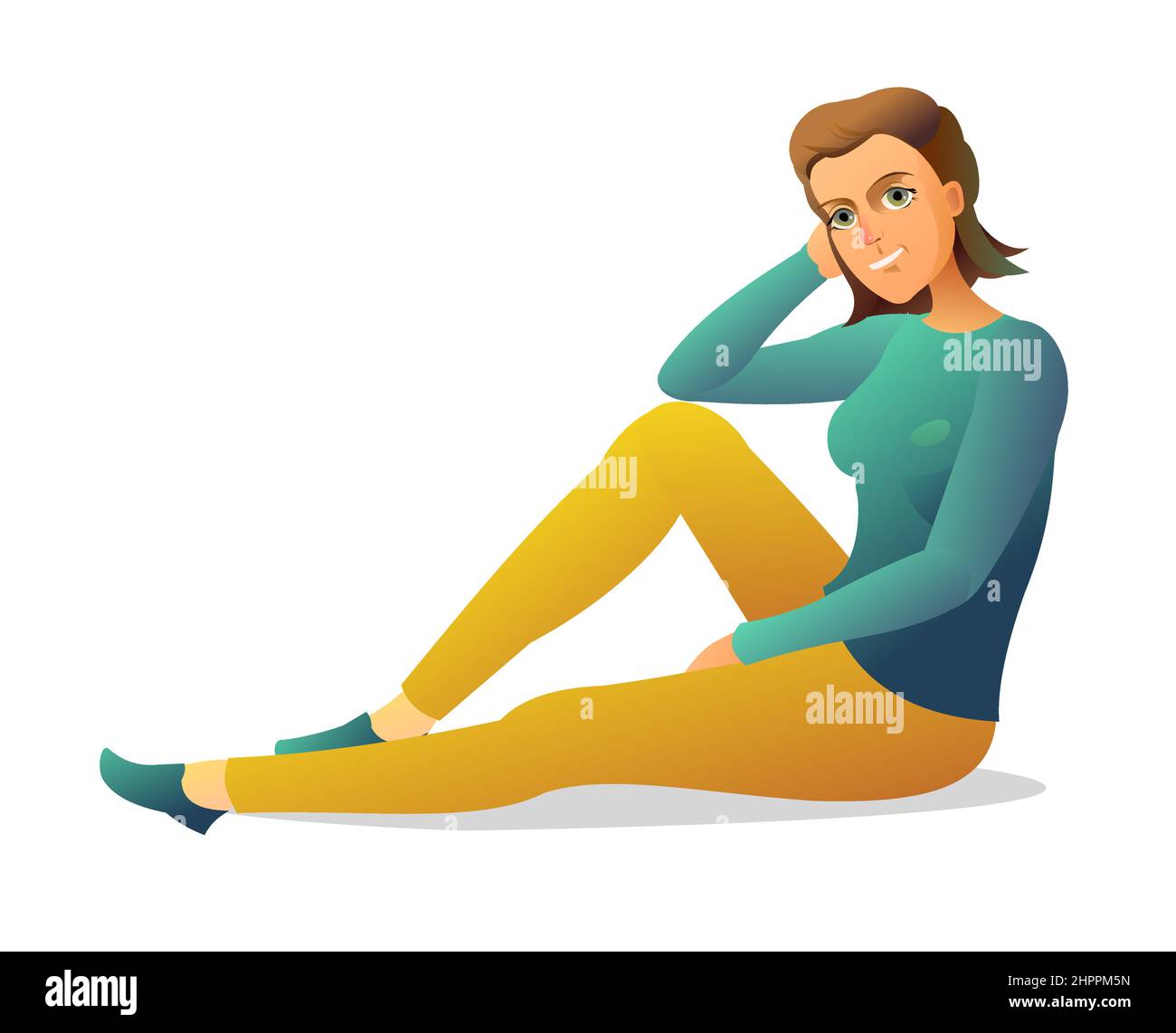 Pretty girl sitting on floor. Beautiful modern Young woman in sweater and pants. Front and back view. Cartoon funny style illustration. Funny person c Stock Vector