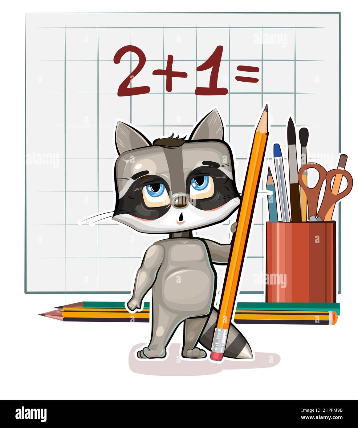 Cute Raccoon baby is trying to count. Studying numbers and counting. Funny animal kid. Stationery and pencil. Writes in notebook. Mathematics illustra Stock Vector
