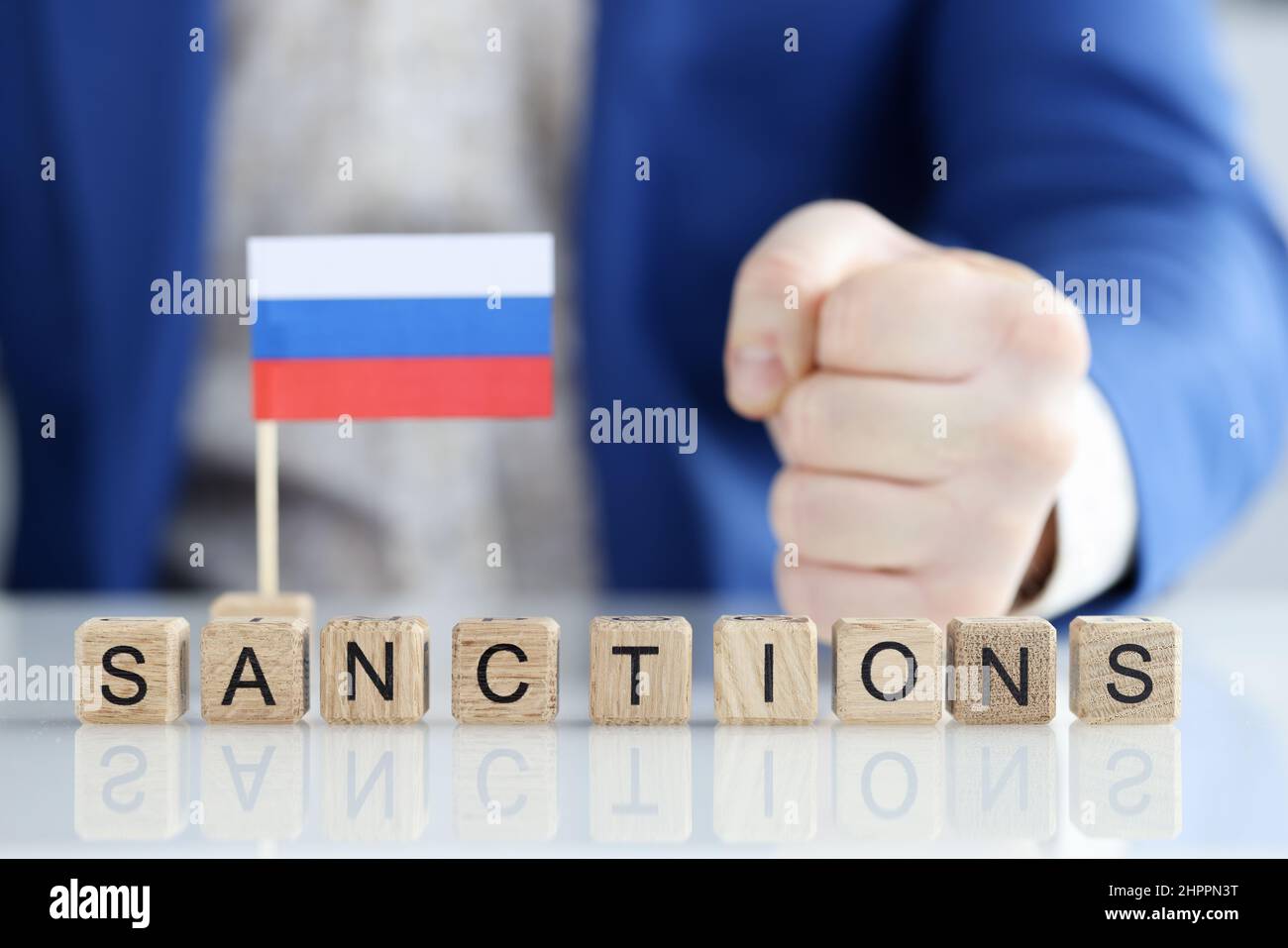 Imposition of sanctions against aggressor Russia closeup Stock Photo