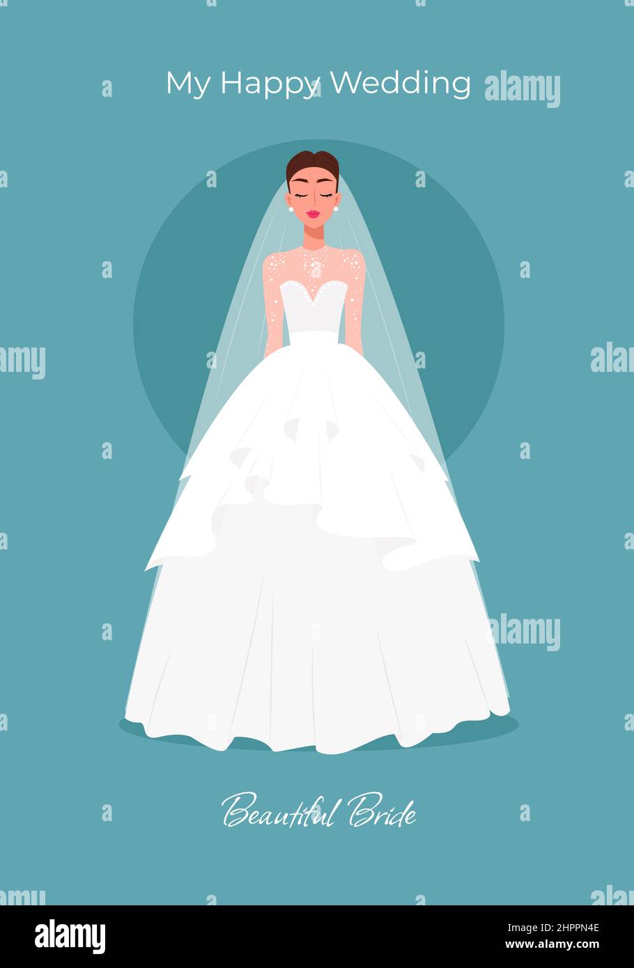 Bride in a lush dress greeting card. Vector illustration in flat cartoon style Stock Vector