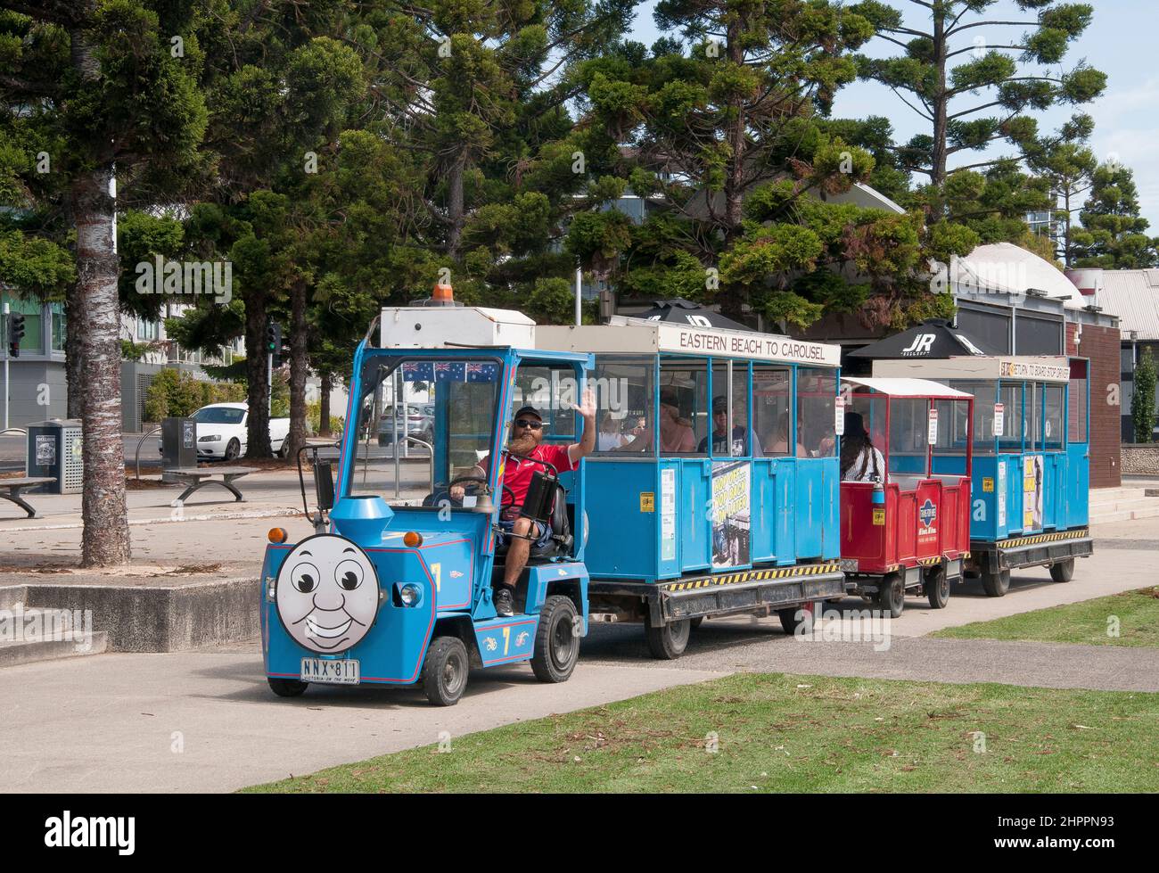 Toy train running along the waterfront at Geelong, Victoria, Australia