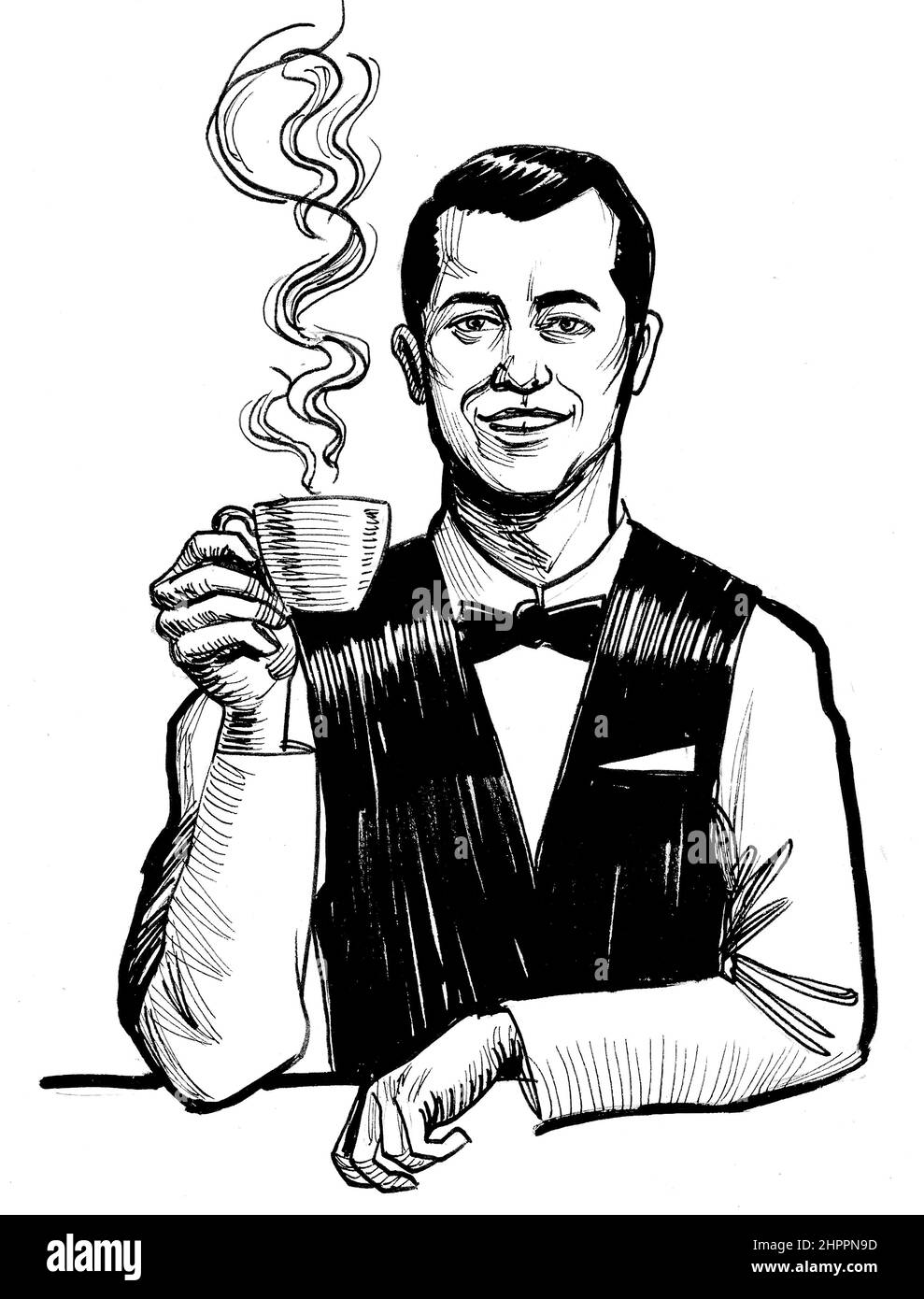 Barista with a cup of coffee. Ink black and white drawing Stock Photo