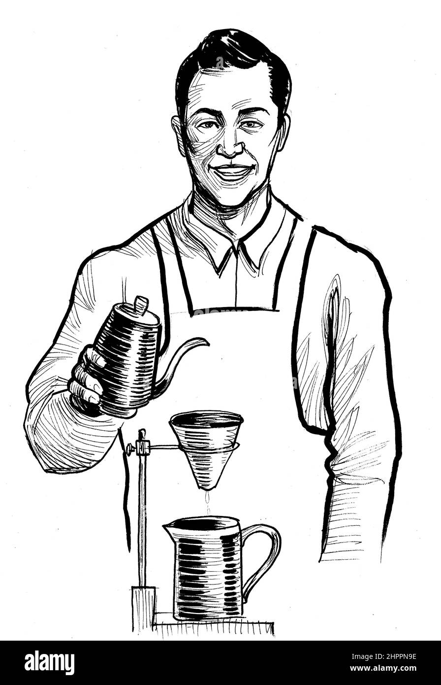 Barista making coffee. Ink black and white drawing Stock Photo