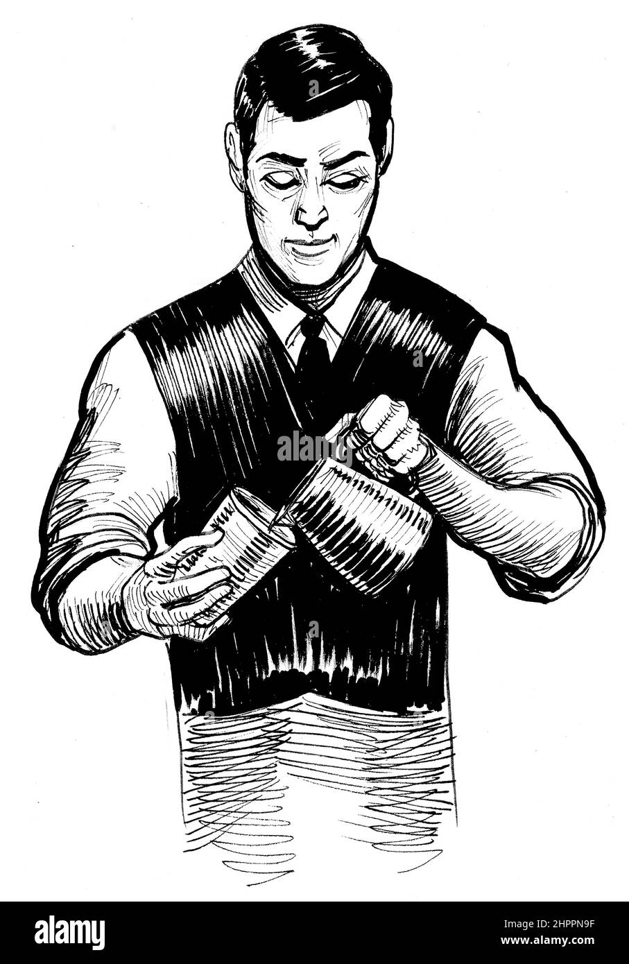 Barista making coffee. Ink black and white drawing Stock Photo