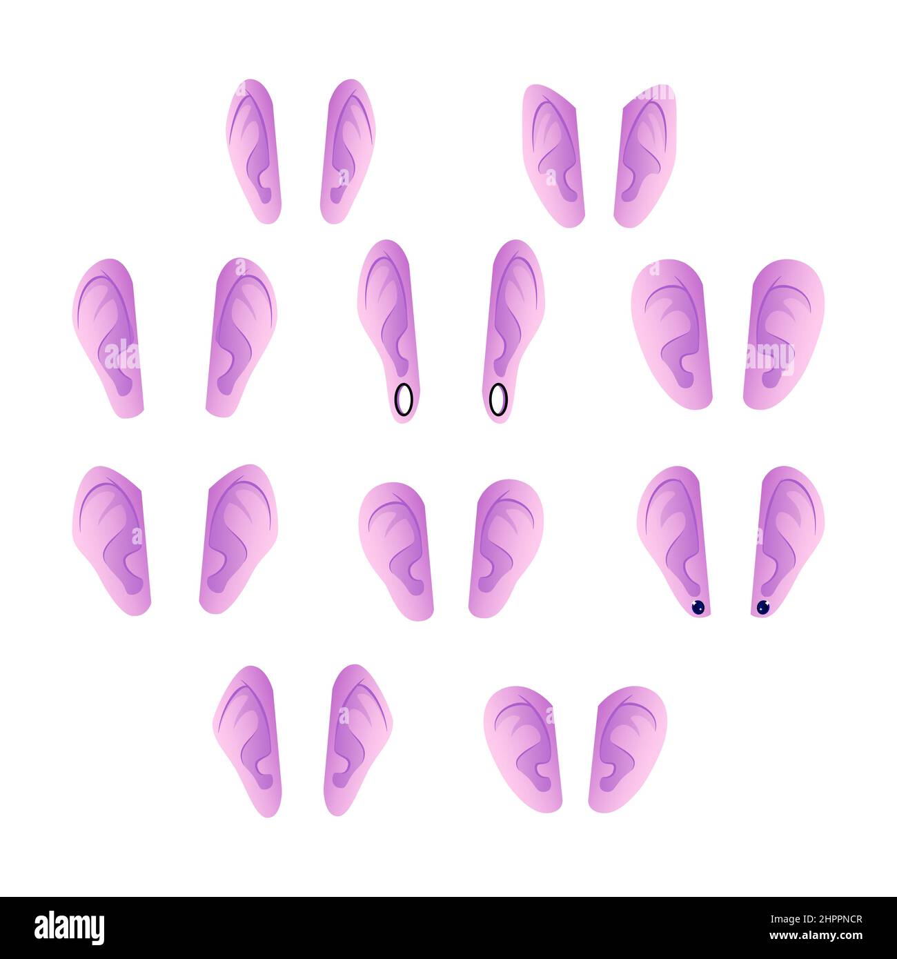 Set of graphic Ears. Different Ears Shapes. Body parts Makeup constructor . Vector illustration Stock Vector