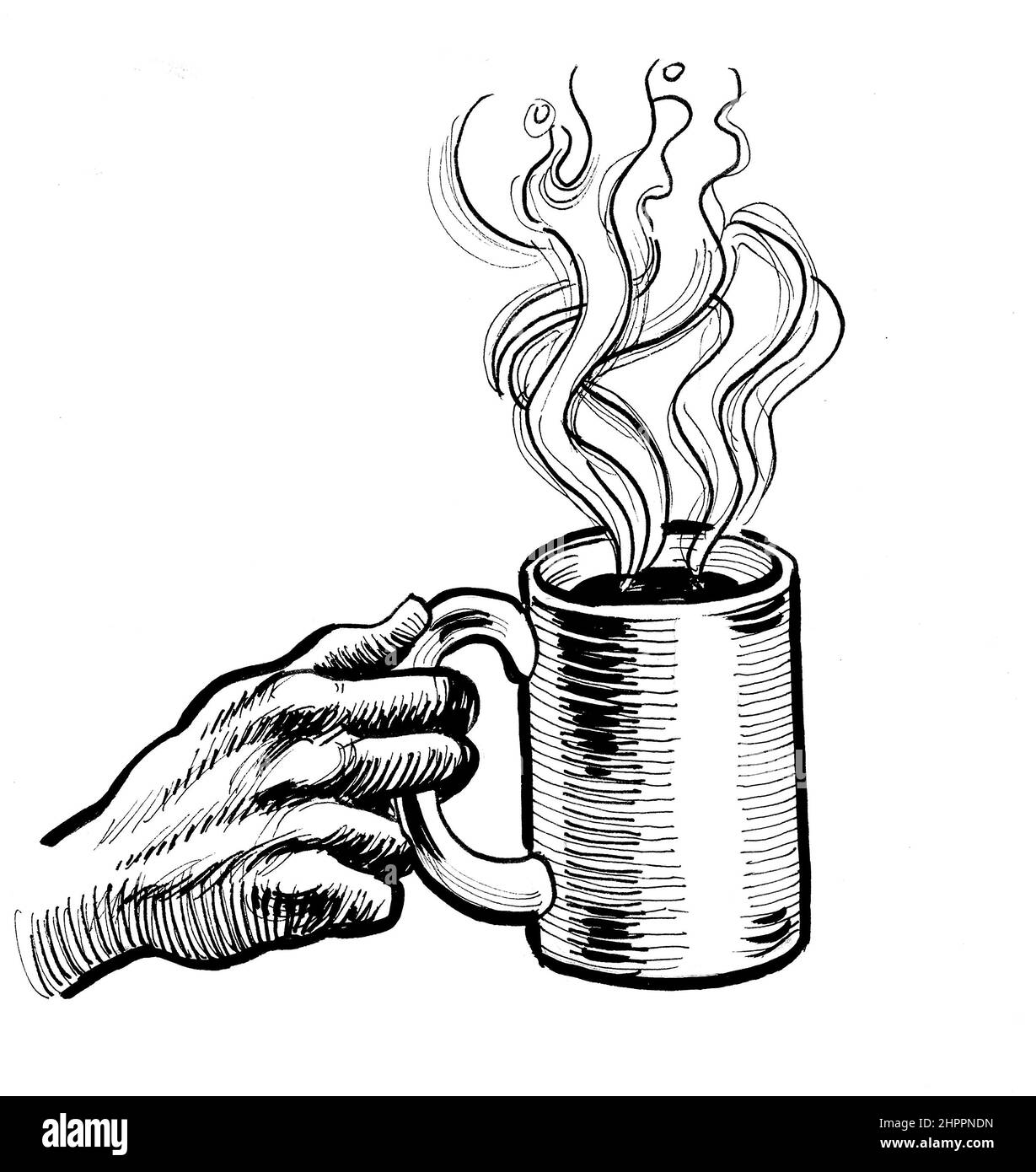 Hand holding a cup of coffee. Ink black and white drawing Stock Photo