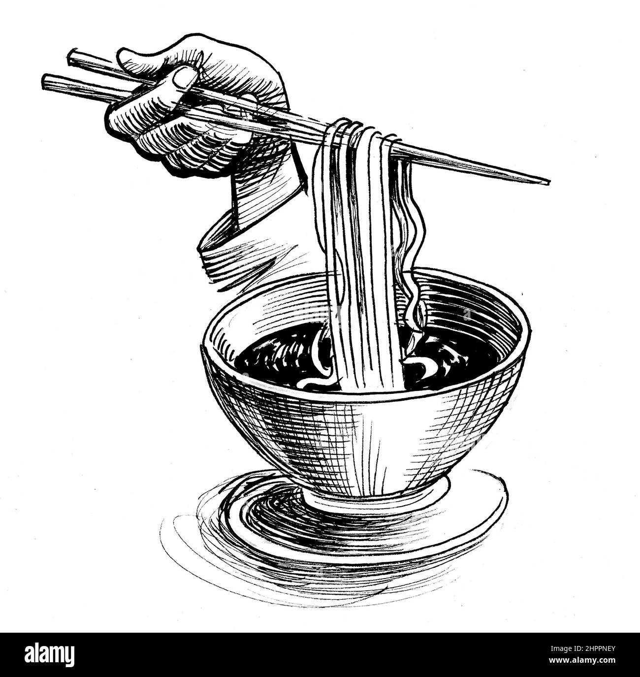 Bowl of noodle and hand with chopsticks. Ink black and white drawing