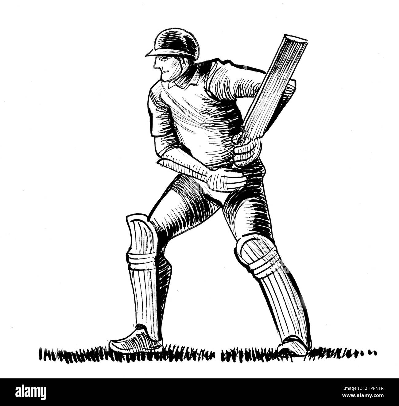 Cricket player. Ink black and white drawing Stock Photo