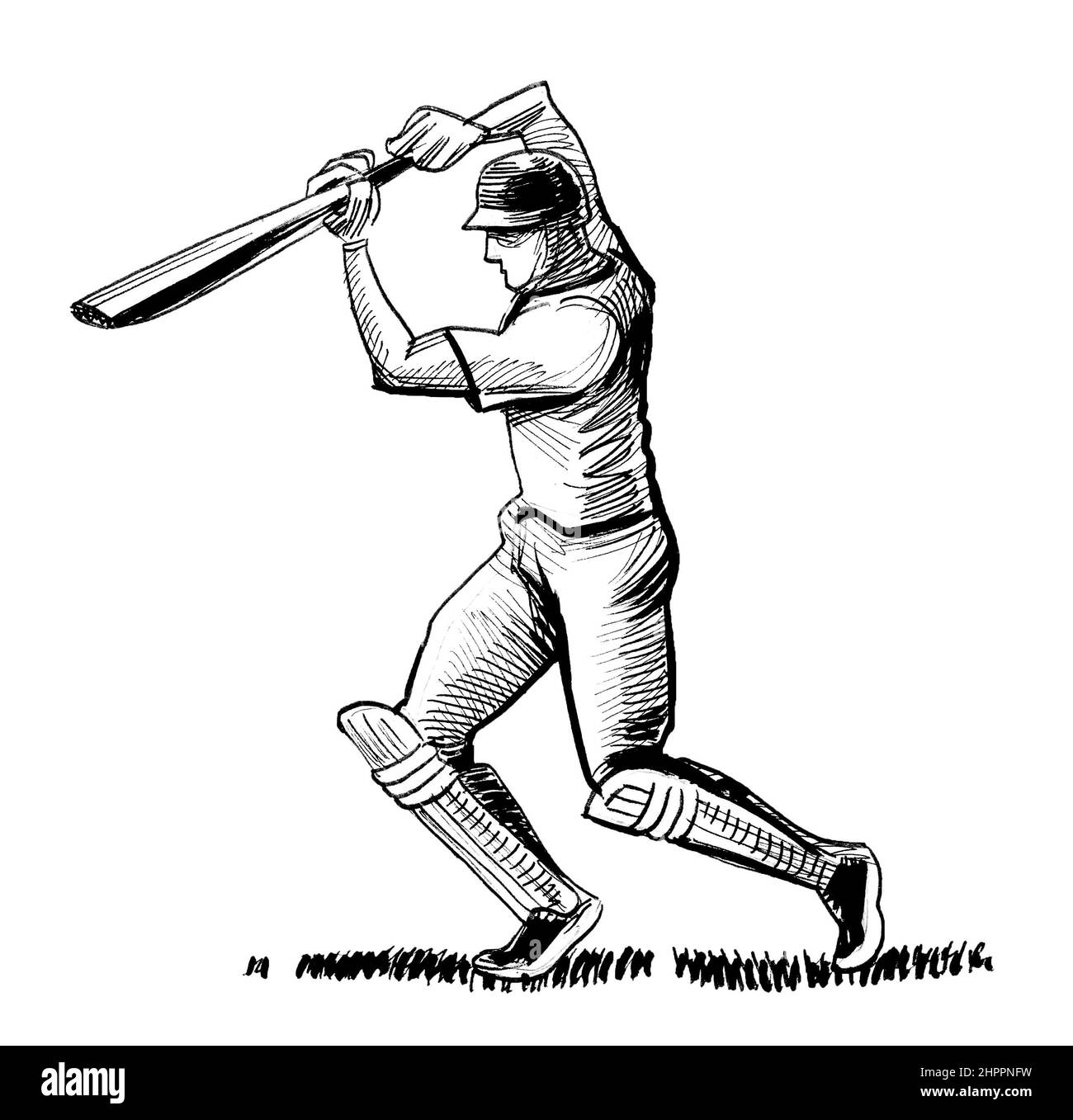 Cricket player. Ink black and white drawing Stock Photo