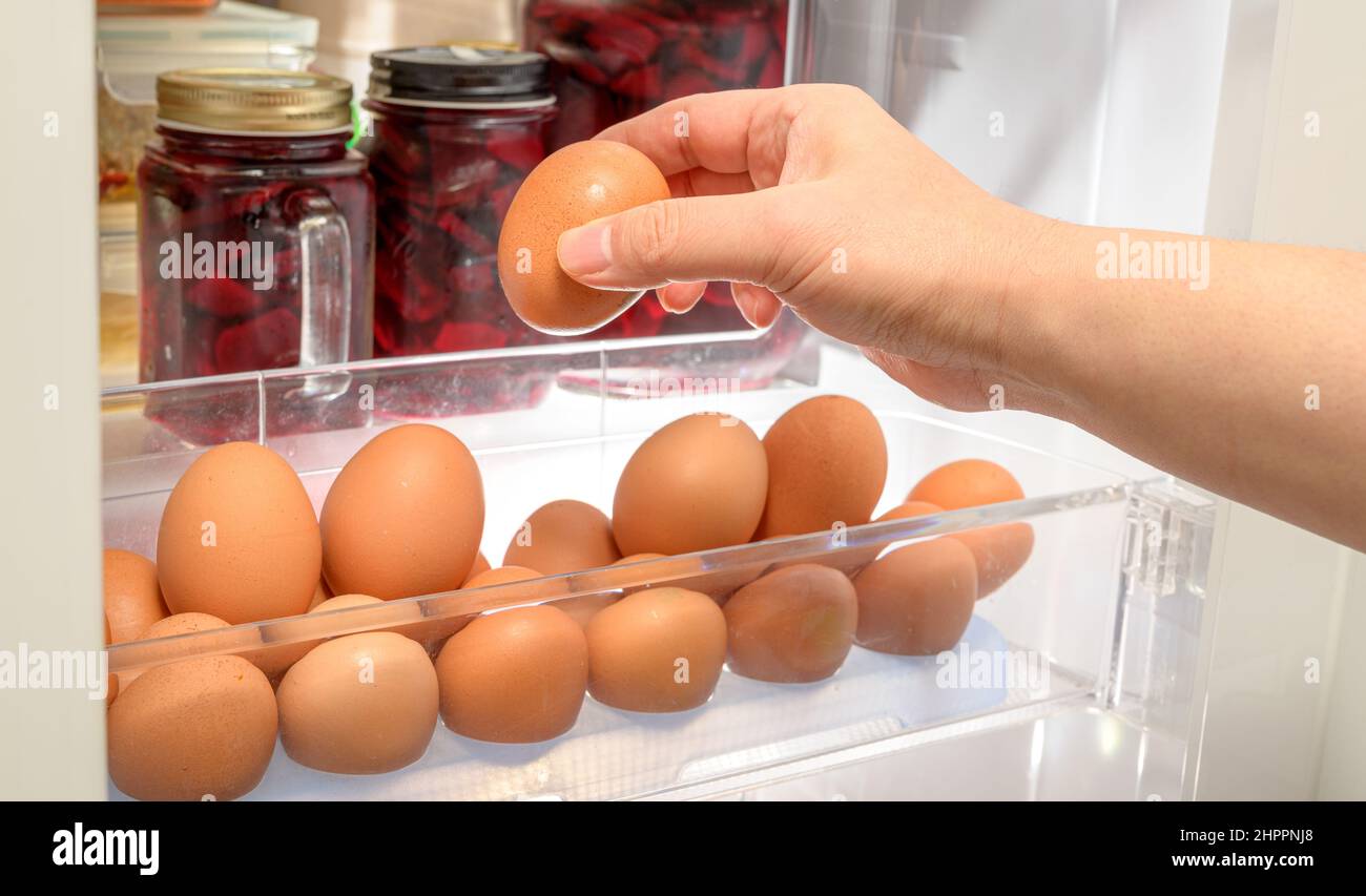 Hands to organize brown eggs on the refrigerator shelf. Stock Photo