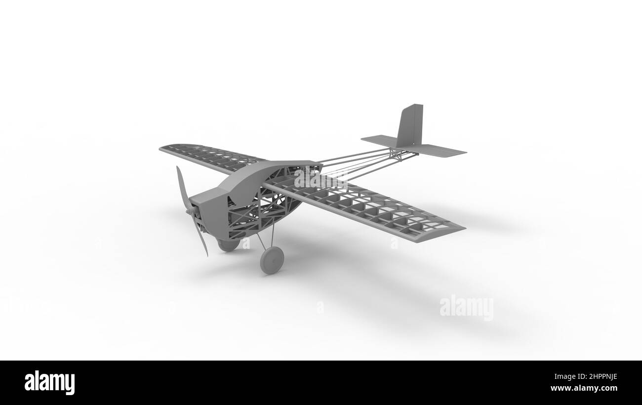 3D rendering of the casis of a small model propellor airplane chasis. Isolated in studio background. Stock Photo