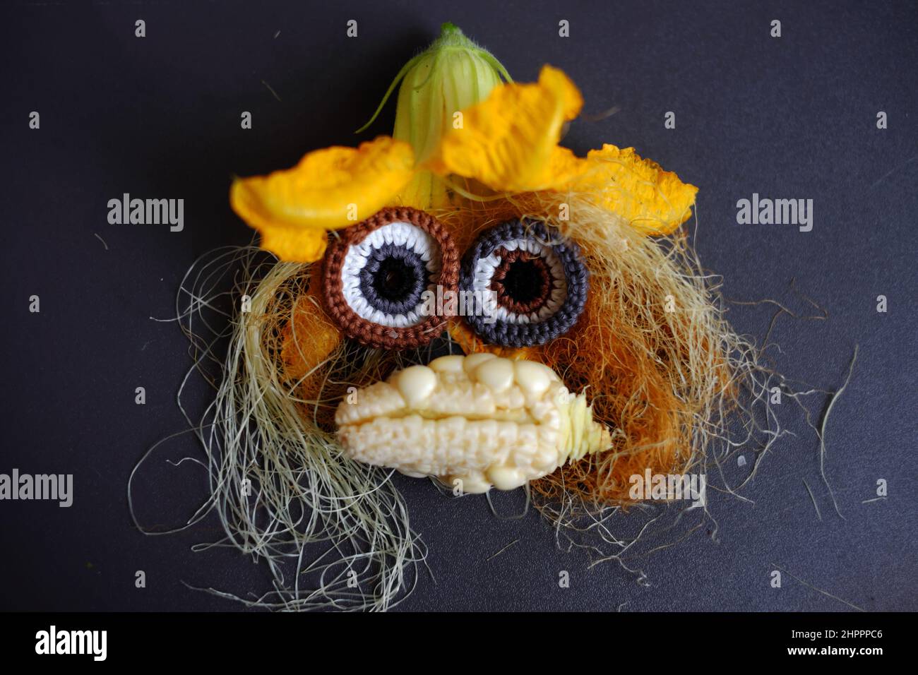 Funny face set up from food, agriculture product from rooftop garden, small corn, pumpkin flower, corn silk and eyes crochet from yarn make cute Stock Photo